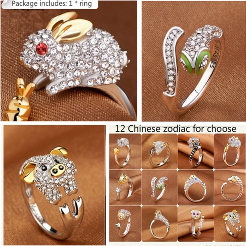 12 Zodiak Cincin Pertunangan Berlian Hewan Lucu Fashion Pria dan Wanita