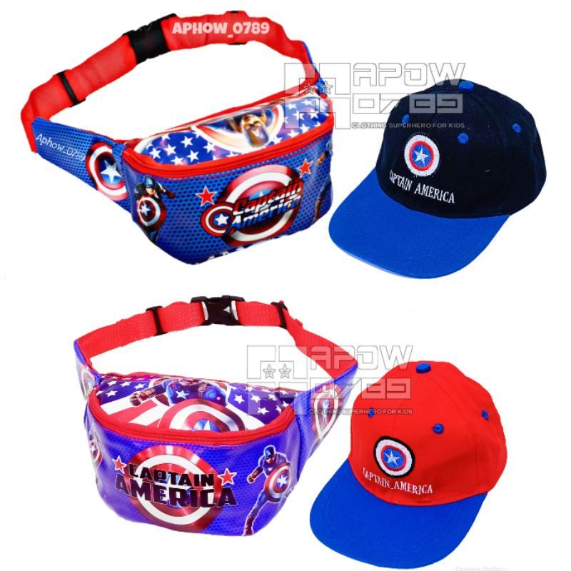 tas selempang anak anti air waistbag anak topi anak captain america 2in1 tas bahu anak