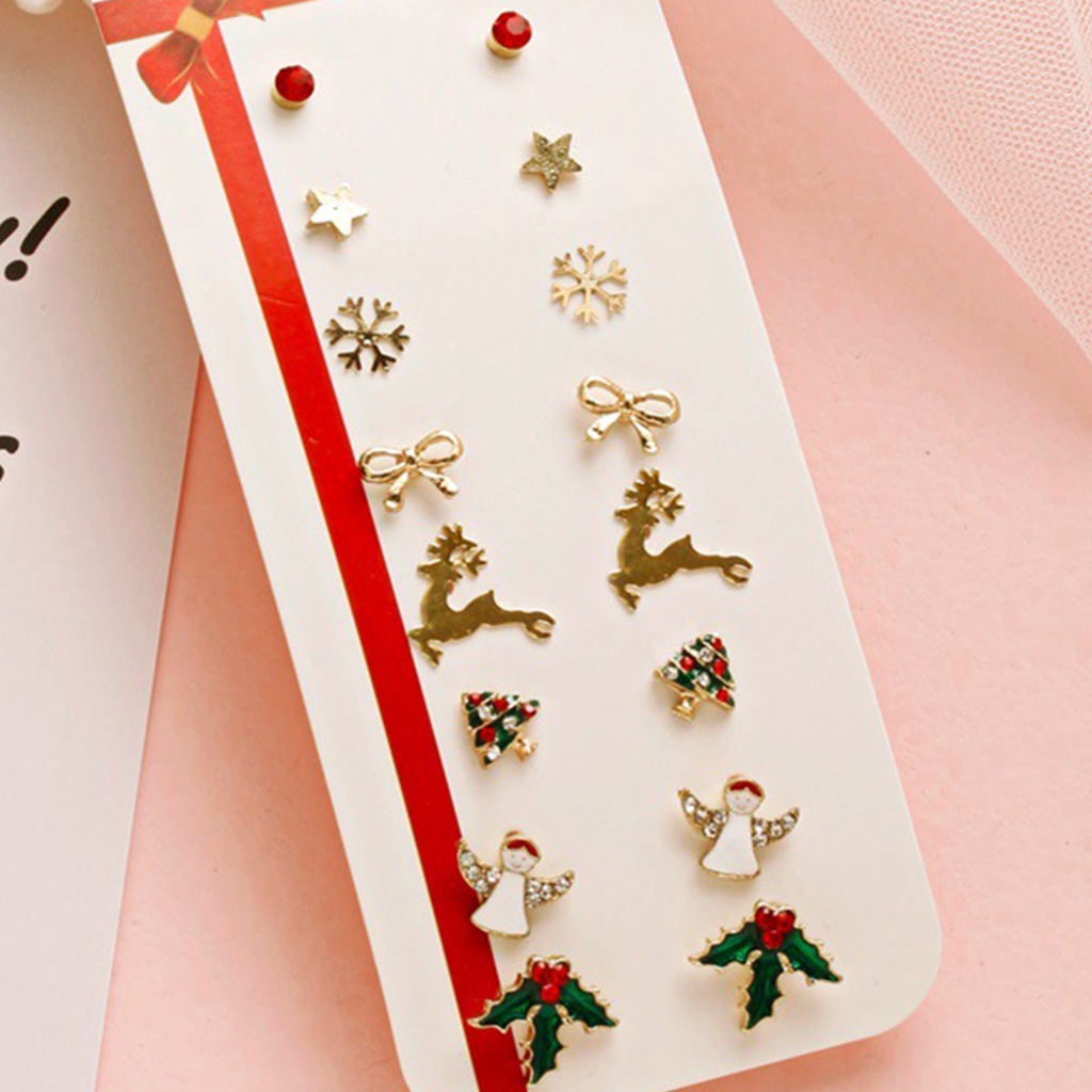 Hu Hu Hu Hu Hu Alat Bantu Pasang Kacamata♡ 8 Pasang / Set Anting Tusuk Desain Pita / Pohon Natal / Snowman Hias Berlian Imitasi Gaya Klasik Untuk Wanita