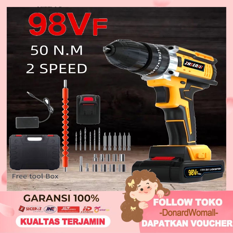 98VF Mesin Bor Cordless/Bor Baterai/ Bor Listrik/Beton Besi Kayu/Bor listrik daya tinggi/bor dampak/jaminan kualitas Garansi satu tahun