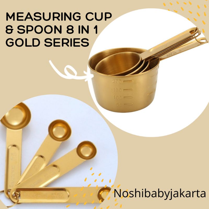 MEASURING CUP SPOON SET 8 IN 1 (SENDOK TAKAR) STAINLESS STEEL &amp; GOLD COLOR