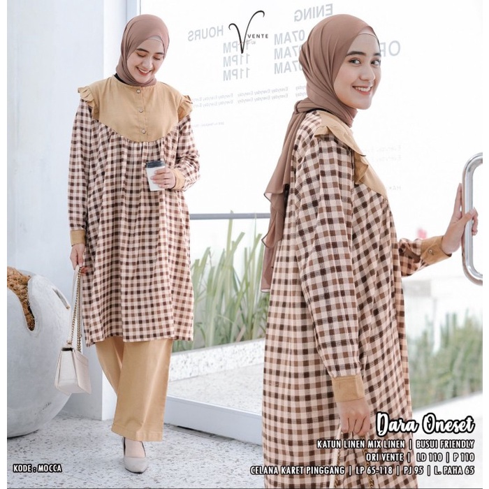 Setelan Dara Oneset Atasan Long Tunik Bawahan Celana Panjang Ori Vente - Mocca