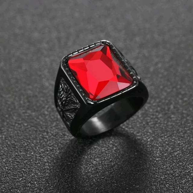 Cincin Pria Batu Red Ruby Titanium 316L Black Hitam Batu Merah