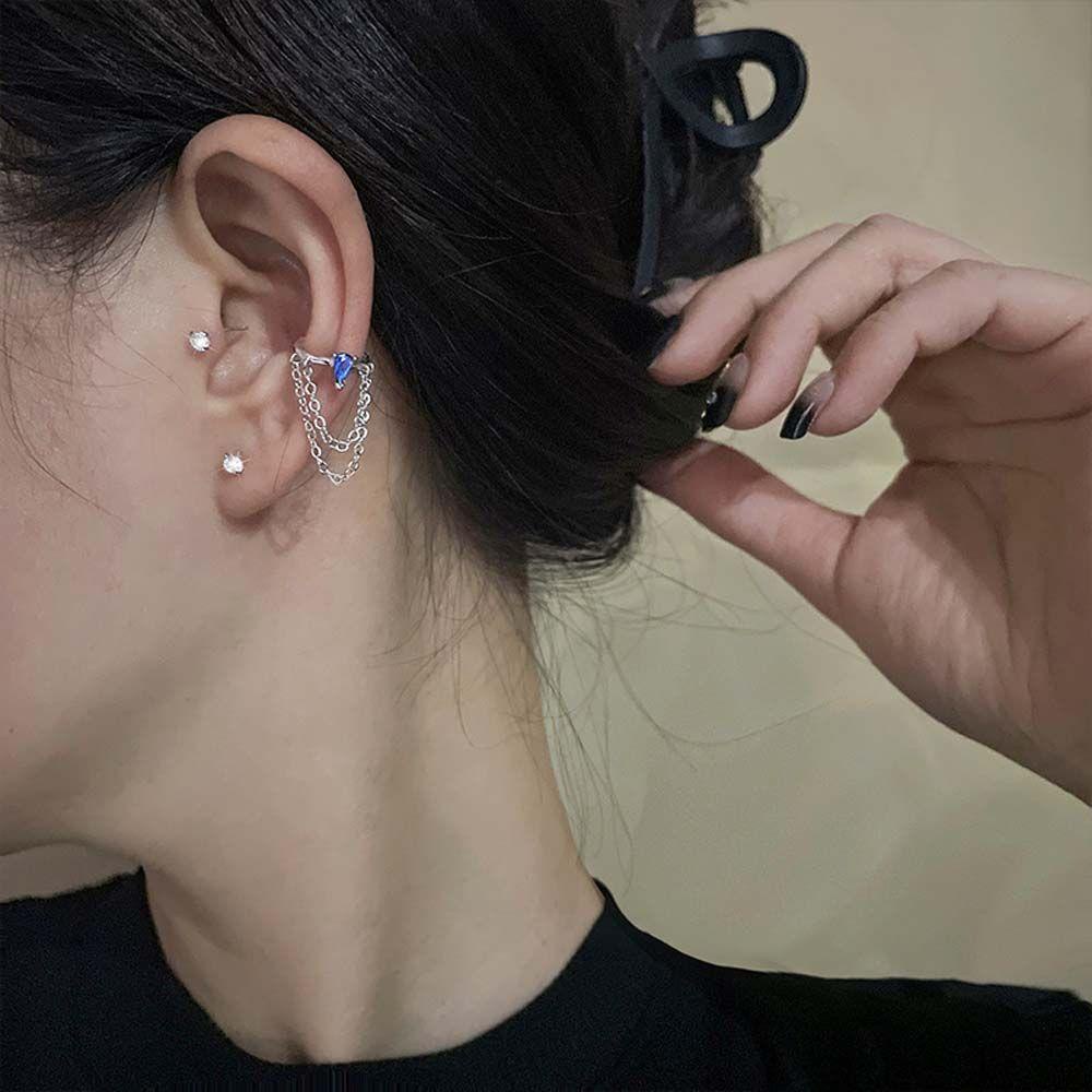 Mxbeauty Telinga Tulang Klip Kepribadian Temperamen Zirkon Biru Desain Fashion Geometris Rantai Ganda Wanita Klip Anting