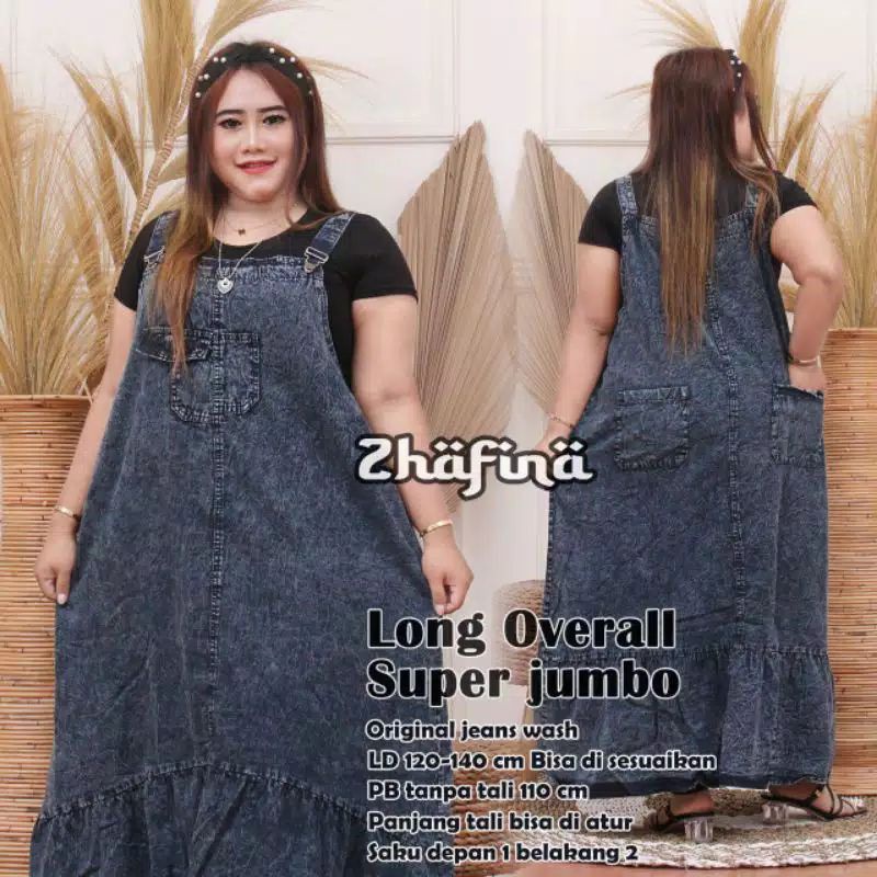 Overall Jeans Wash Super Jumbo Baju Atasan Wanita Anti Begah Denim Snow Black Long Over Size