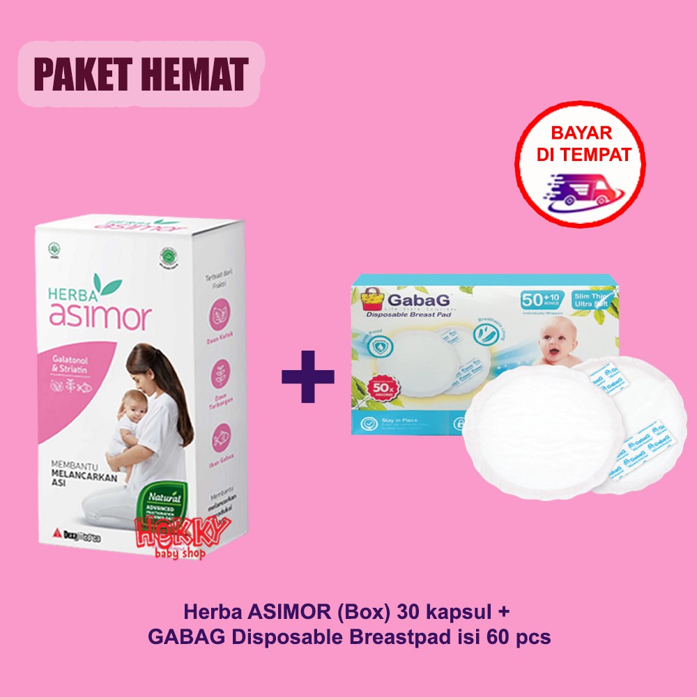 Paket Hemat Pelancar ASI Booster 1 Box HERBA ASIMOR+ 1 Box Gabag Breast pad Isi 60pc