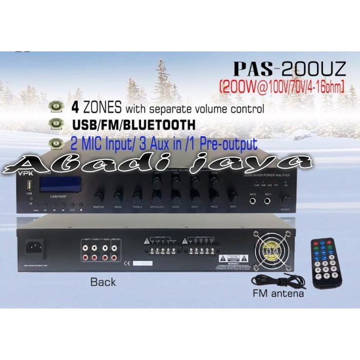 4 zones ampli vpk pas 200uz 200 watt 100v 70v 4 16ohm vpk pas200uz