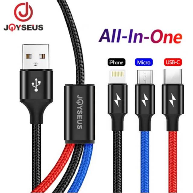 Joyseus 3 in 1 Kabel Charger Micro USB Type C iPhone Lightning - JC13