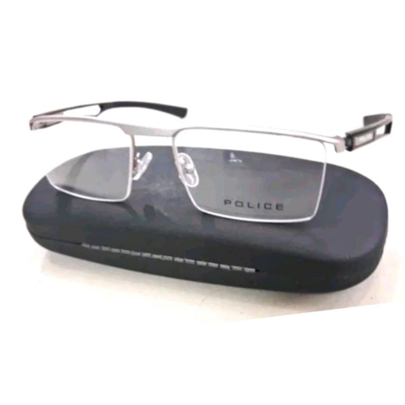 Kacamata Frame Minus Pria Dan Wanita Police -C8 Titanium Half Sporty - Silver Chrome