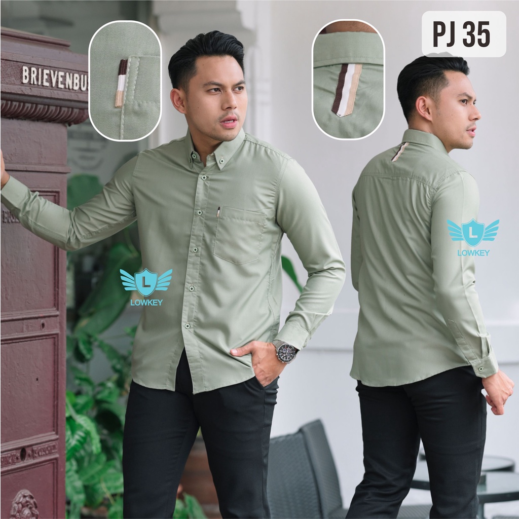 Kemeja Pria Slimfit Lowkey Premium PJ 35 Hijau Sage | Hem Atasan Kemeja Baju Laki-laki/Cowok Slimfit