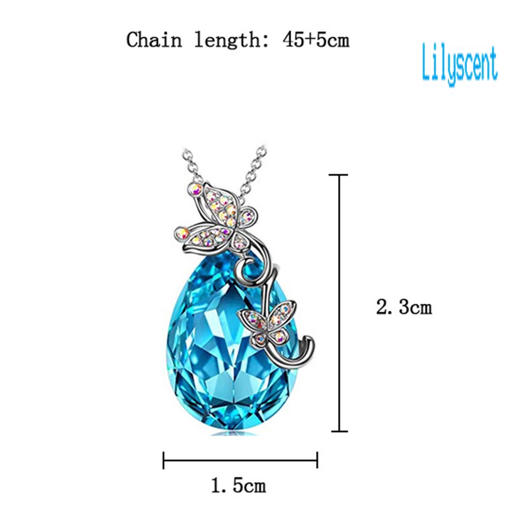 Kalung Rantai Desain Butterfly Waterdrop Aksen Kristal Imitasi Warna Biru Bahan Silver Plated Untuk Wanita