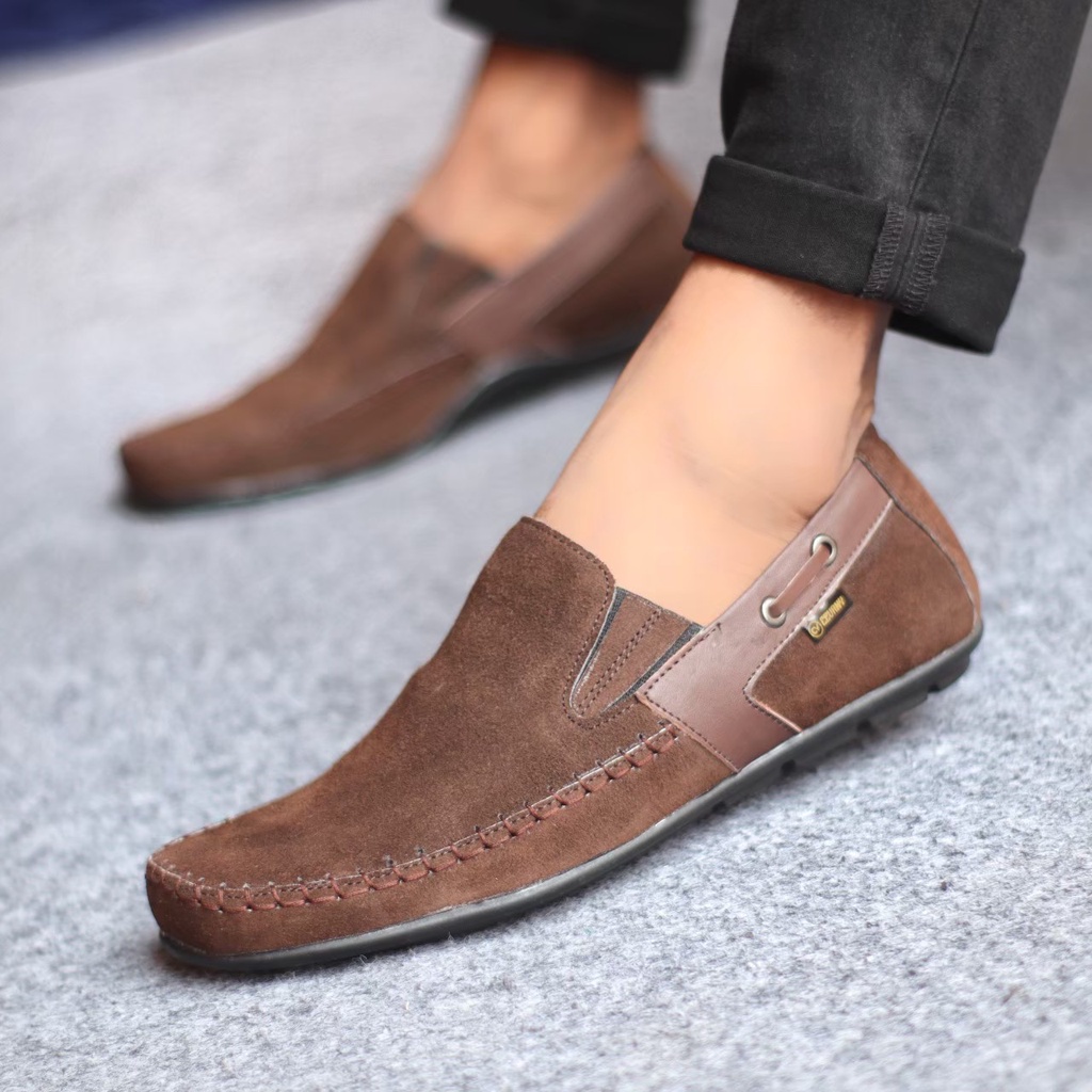 ENOZSTORE Sepatu Original Pria Kulit Suede Asli Slip On Kasual Jalan Santai Slop Casual Cowok Cowo Keren Ringan Kekinian