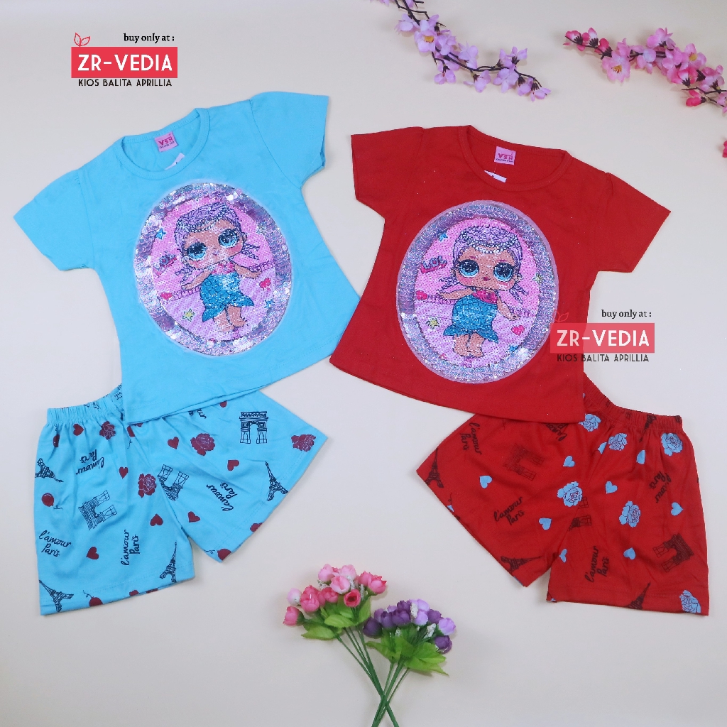 Setelan Queena uk 1-6 Tahun / High Quality Baju Anak Perempuan Lengan Kartun Pendek Cewek Kaos Usap
