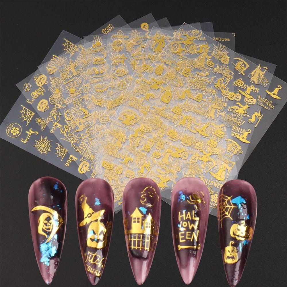 Mxbeauty Halloween Stiker Kuku Set 3D Kelelawar Dekorasi Kuku Labu Kuku Salon Hologram Manicuring Sticker