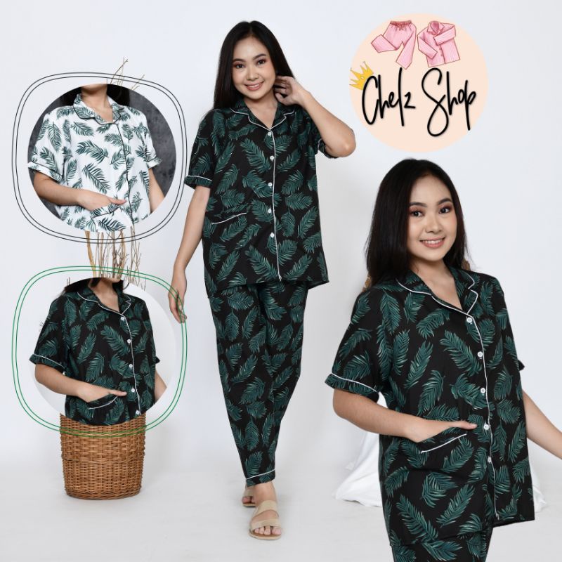 Baju Tidur Piyama Wanita/Cewek Pajamas Dewasa Motif Daun Kekinian Katun