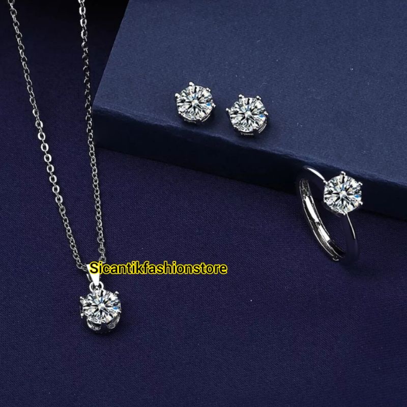 PERHIASAN SET FASHION WANITA KALUNG LIONTIN PERAK SILVER 925 LAPIS EMAS PUTIH Kalung Titanium Silver  45CM Liontin Bulat Silver Fashion Wanita Terlaris Anti Karat Tidak Luntur