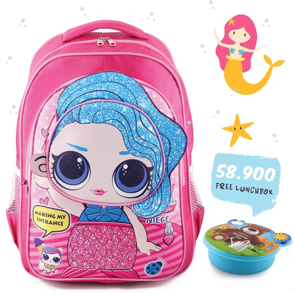 Tas Ransel Anak Perempuan Karakter - UNICORN / LOL - HORN 3D EFFECT - COOL BACKPACK + FREE BOTOL / LUNCHBOX