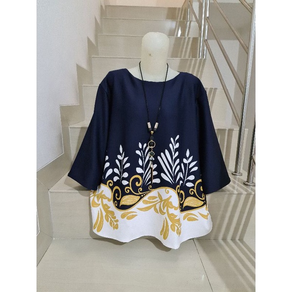 Blouse Scuba Premium Import Jumbo 2XL-3XL-Motif Daun - Navy