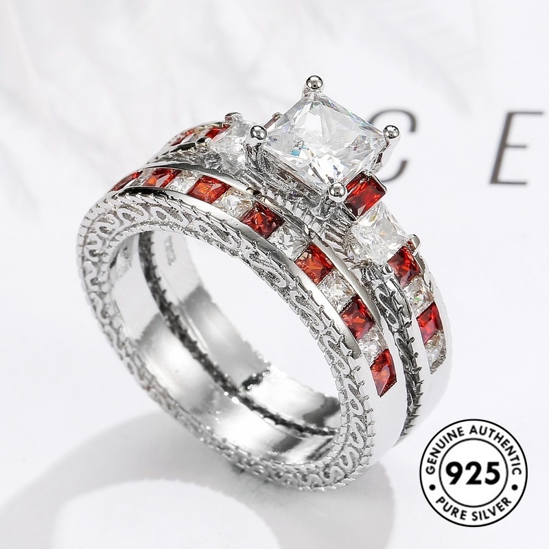 Set Cincin Sterling Silver 925 Dengan Batu Ruby Bentuk Kotak Untuk Wanita