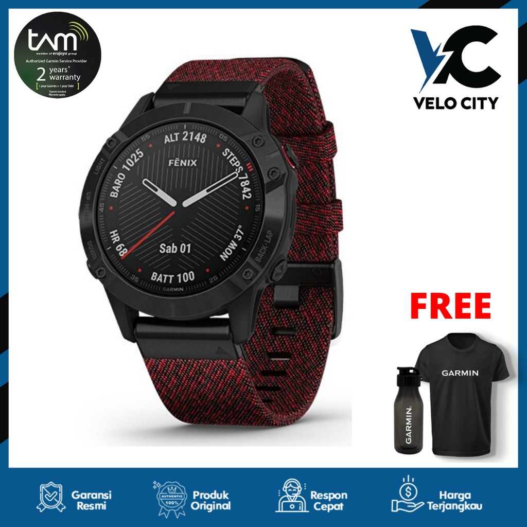 Garmin Fenix 6 Black DLC with Heathered Red Nylon Band - Tam 2 Tahun
