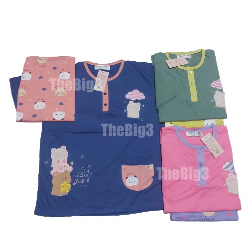 ANNE CLAIRE Setelan Lengan Celana Pendek 3/4 Panjang All size BabyDoll Baju tidur HELLO WORLD