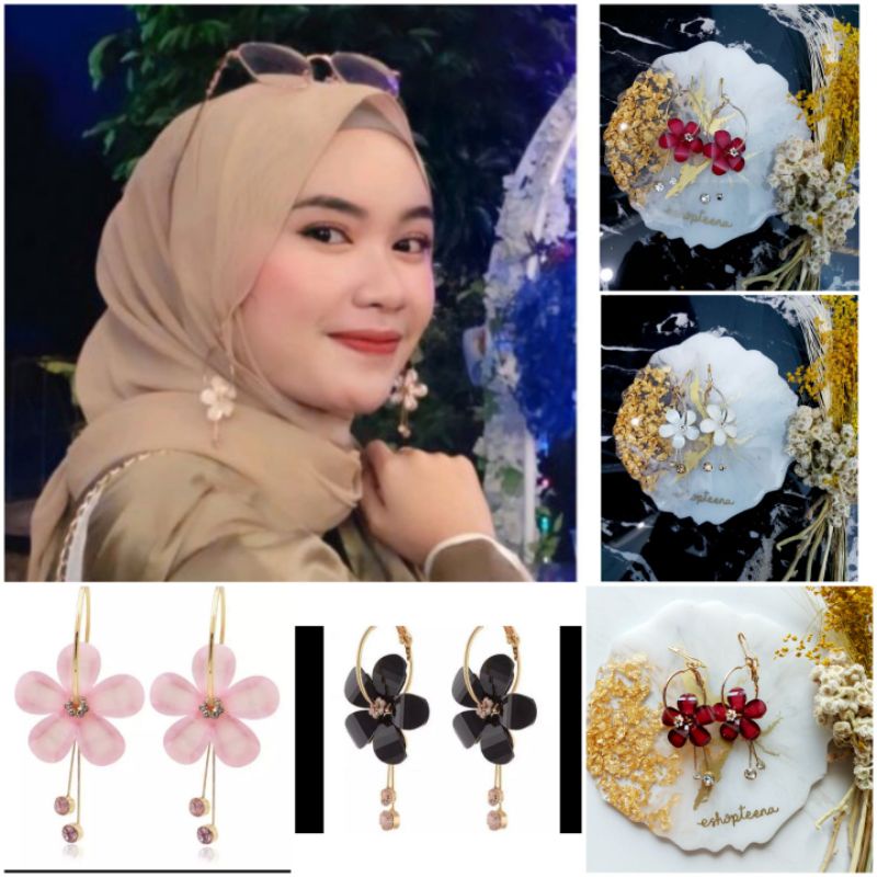 A87 Anting hijab juntai bulat bunga diamond