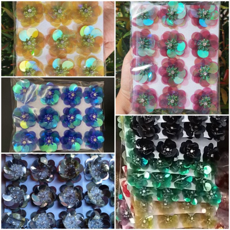 aplikasi bunga payet 3D , bunga rangkai sequin , bunga hias kebaya ,bunga hias hijab , bunga hias sa