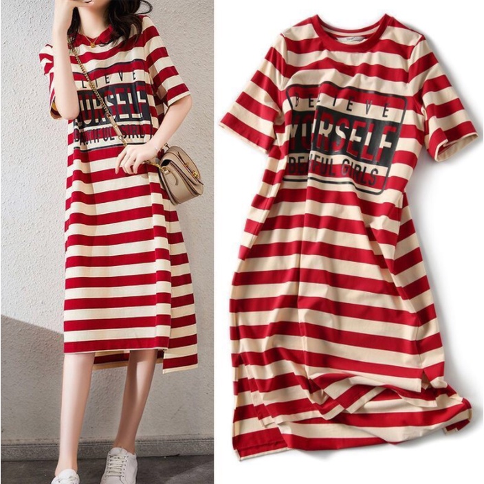 Gaun T-shirt bergaris-garis longgar dan ramping Rok Gaun Dress gaya Korea rok lengan pendek panjang