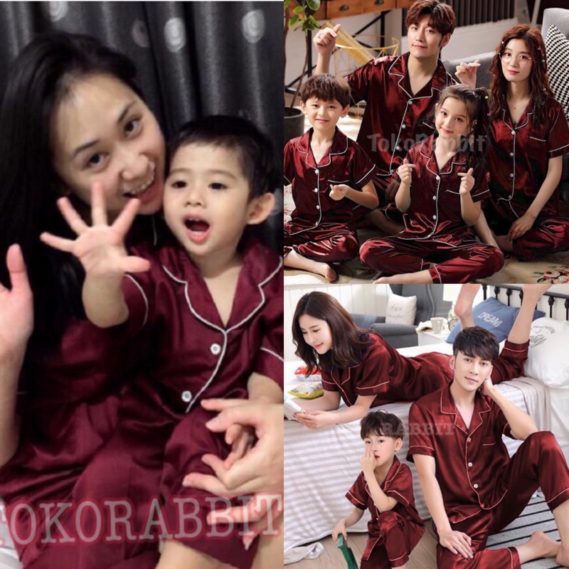 Piyama SATIN MAROON exclusive bisa couple pasangan mom kids and family