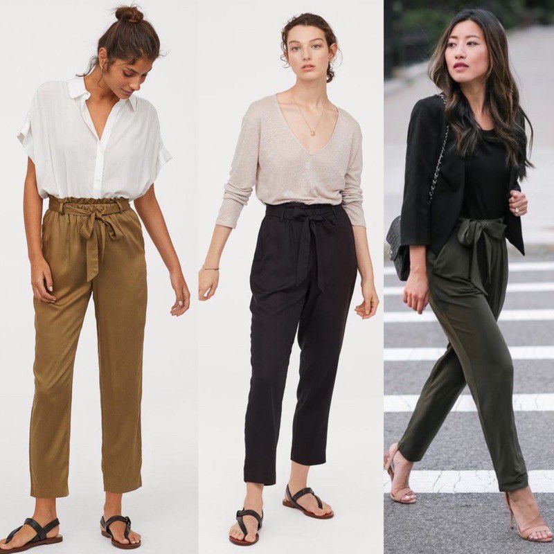 CELANA BEGGIE JOGER WANITA PANTS H*M PAPER BAG BELT BRANDED ORIGINAL MURAH COTTON POLY MOCA BLACK