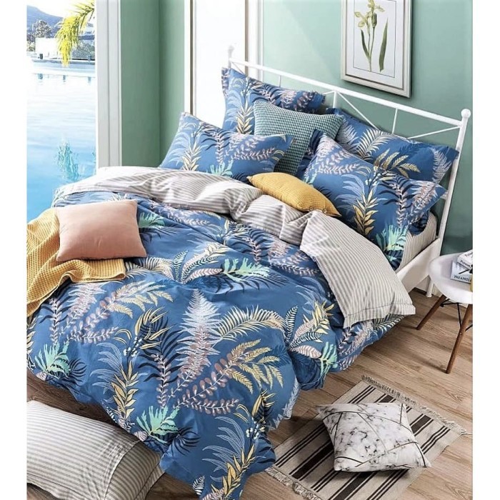 Sprei Katun Jepang Blue Pakis | Sprei Satin Jepang