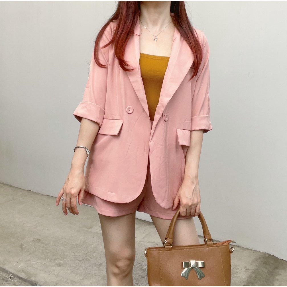 ST78 - Setelan Blazer Cotton Celana Pendek Setelan Casual Wanita