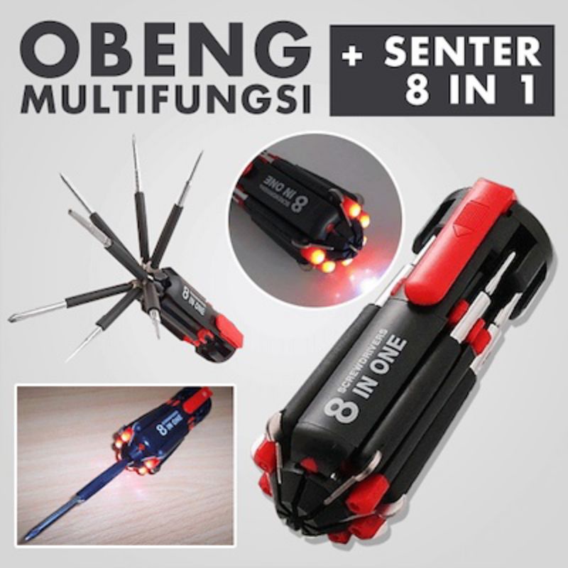 Set 8 In 1 Obeng Senter Led Bisa Dilipat Obeng Magnet Multifungsi Screwdriver