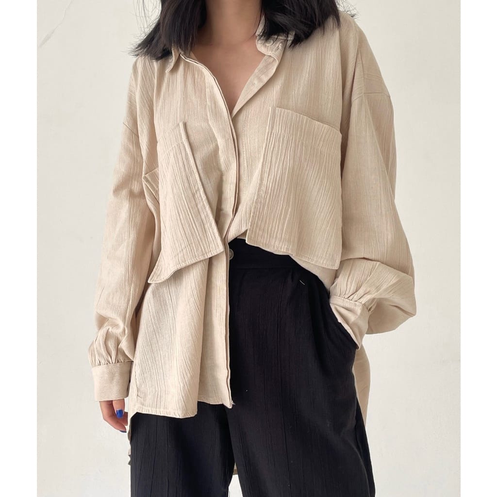 Kemeja Oversize BAHAN Crinkle Shirt - Atasan Wanita Lengan Panjang