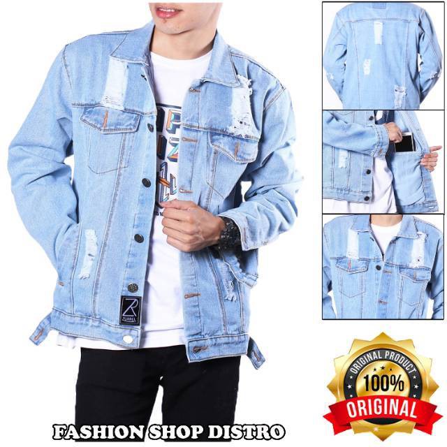 PROMO BISA COD] Jaket Jeans Pria Sobek / Jaket Jeans Ripped Pria Biru Muda Murah Gaya (2pcs-1kg