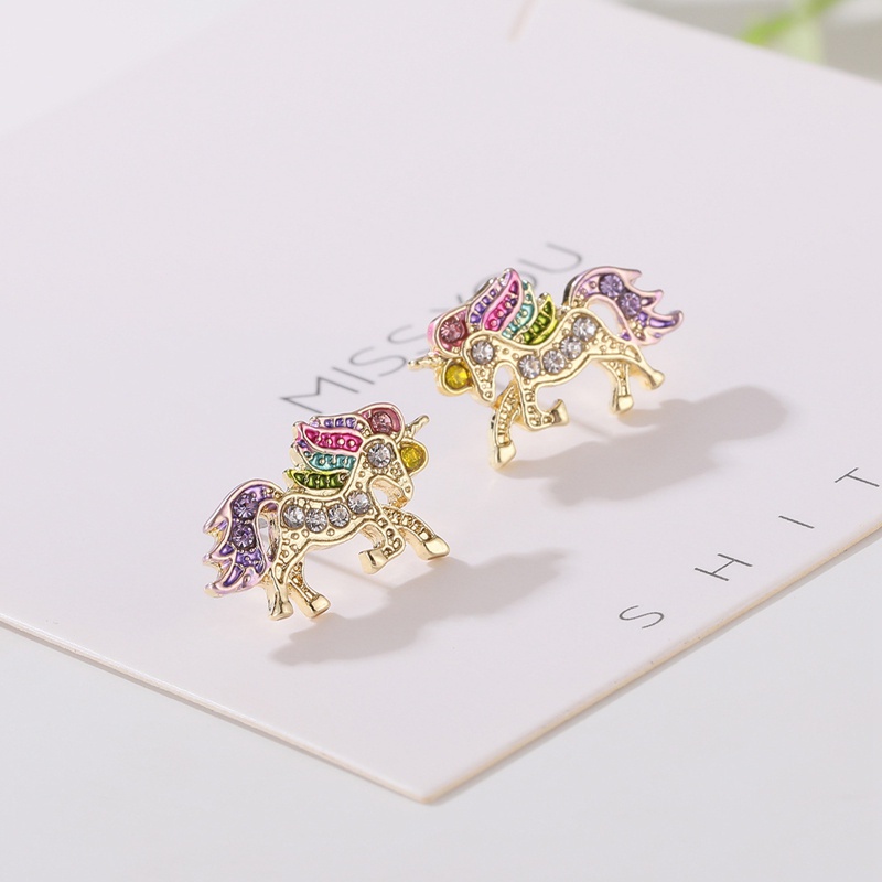 Fancyqube Anting Stud Desain Hewan Unicorn Aksen Kristal Warna-Warni Untuk Wanita