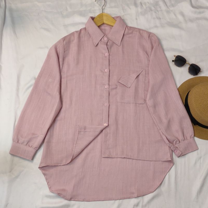 Saku Kemeja Wanita/Blus kemeja linen 2021 Kualitas tinggi Wanita/Atasan wanita kantor Wanita chic lengan panjang-KMJ SAKU~DUSTY