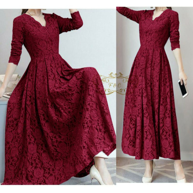 PCS DRESS CASSIE BAHAN BRUKAT LAPIS FURING PAKAIAN WANITA MAXI GAMIS MAXY FE 2 UKURAN L XL