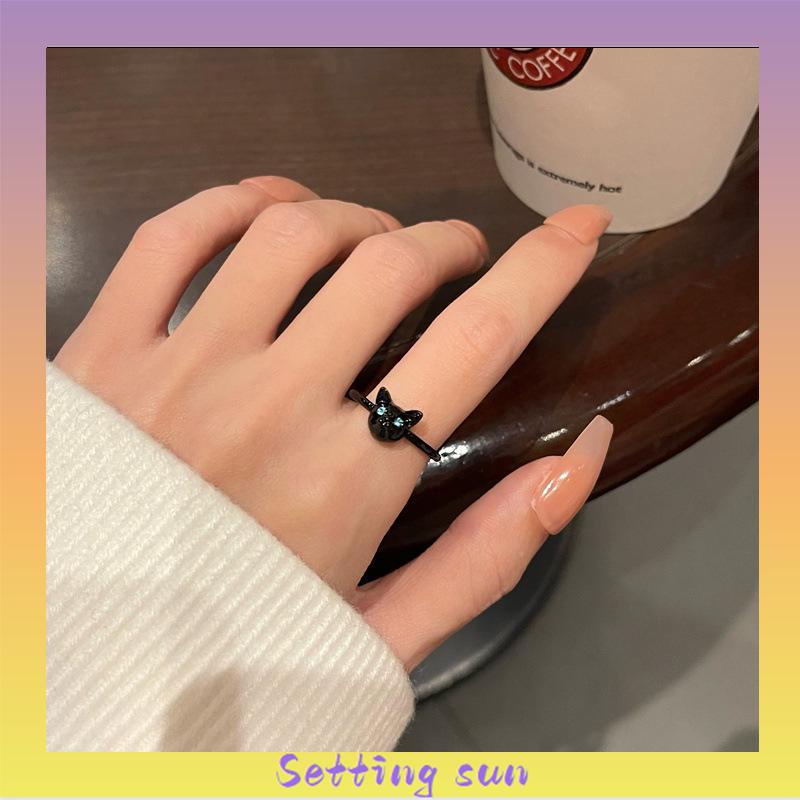 Cincin Kucing Hitam Wanita Trendi Desain Niche Cincin Jari Telunjuk Fashion Kepribadian Cincin TN