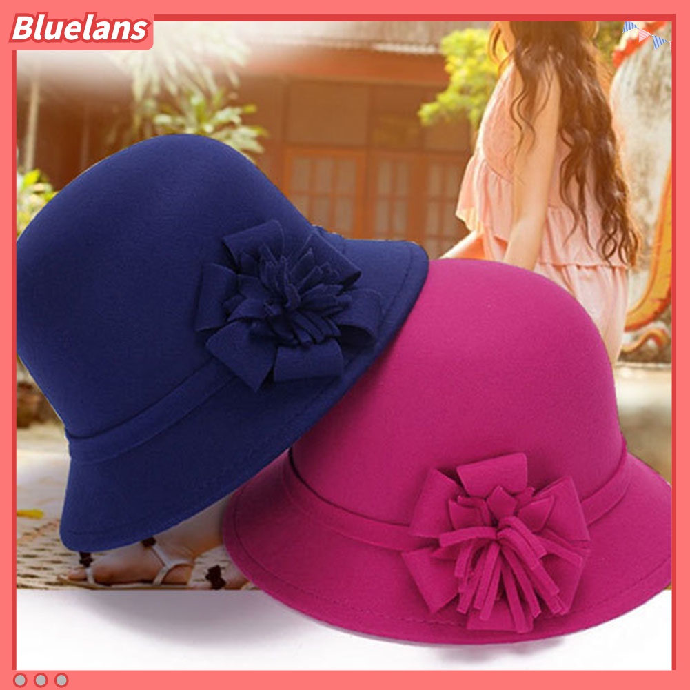 Bluelans Topi Bowler Bahan Wol Imitasi Warna Polos Aksen Bunga Gaya Vintage Untuk Wanita