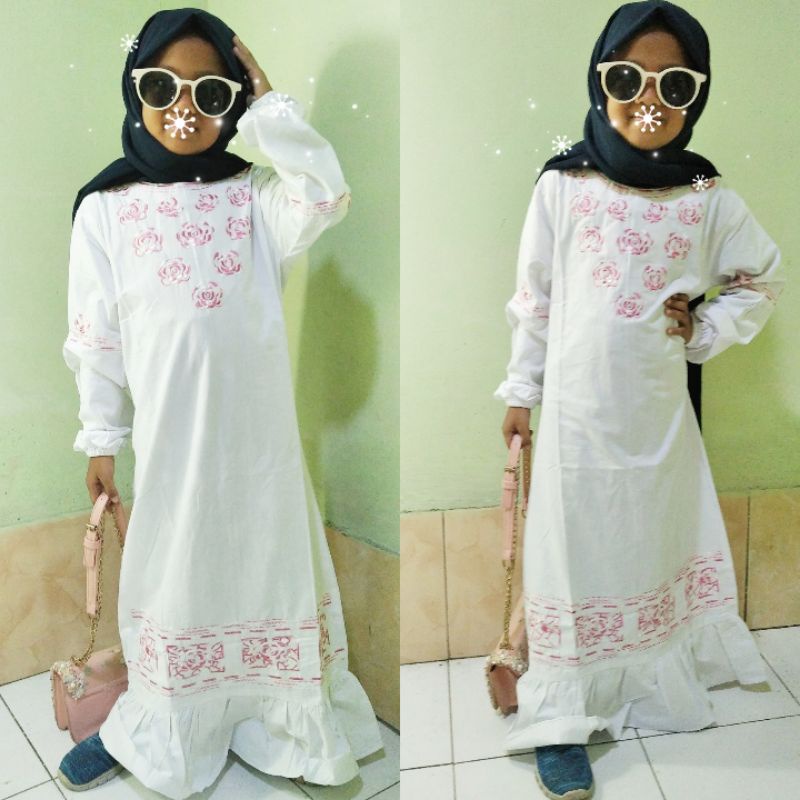 REAL PICT PILIH MOTIF agen grosir gamis manasik umroh anak warna putih bordir premium branded vanie 