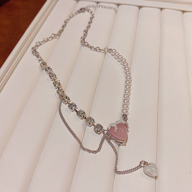 Kalung Bahan Titanium steel Dengan Liontin Hati Kristal Warna Pink