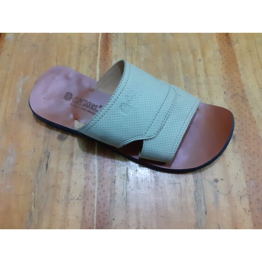 Sendal Kulit Pria Slide Off White Camel