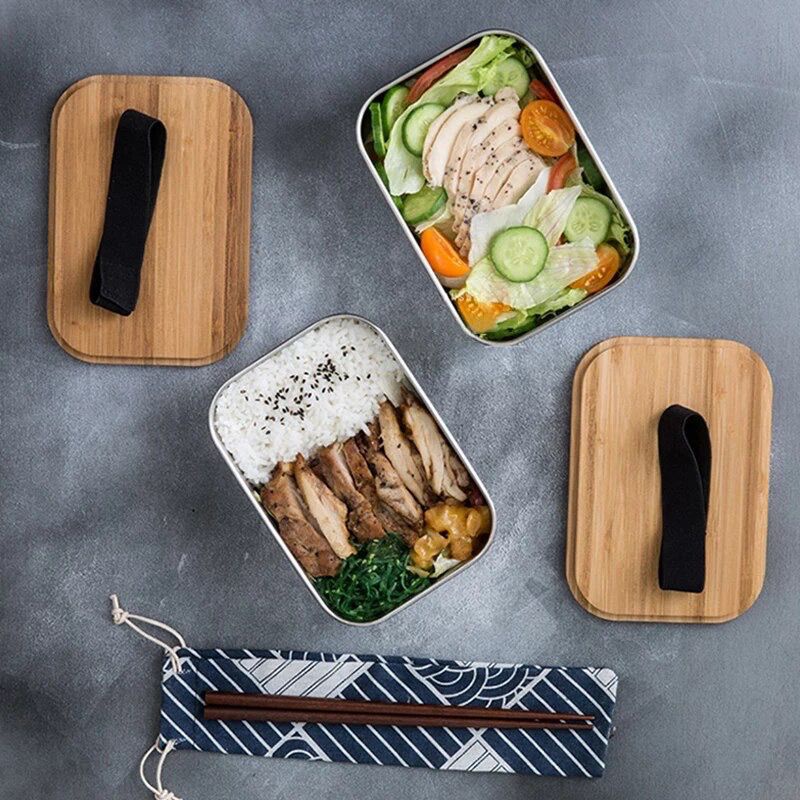 japanese style lunch box bento set stainless steel 304 wooden bamboo lid cover / kotak bekal tempat makan tutup bambu kayu premium quality