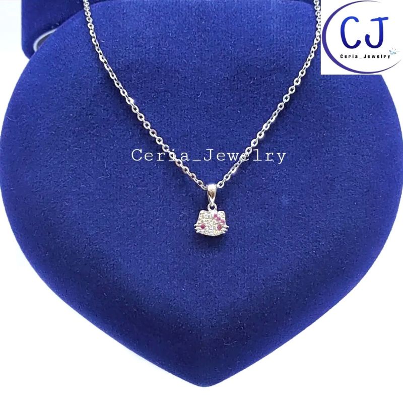 Kalung Perak Anak Silver Asli 925 Lapis Emas Putih Liontin Hello Kitty Permata Pink - Perhiasan Perak Anak Asli