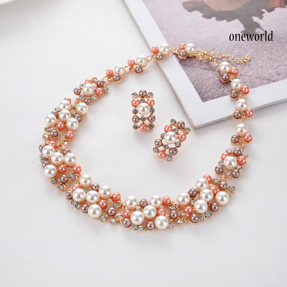 OW@ 2Pcs Women Fashion Faux Pearl Rhinestone Inlaid Necklace Earrings Jewelry Set