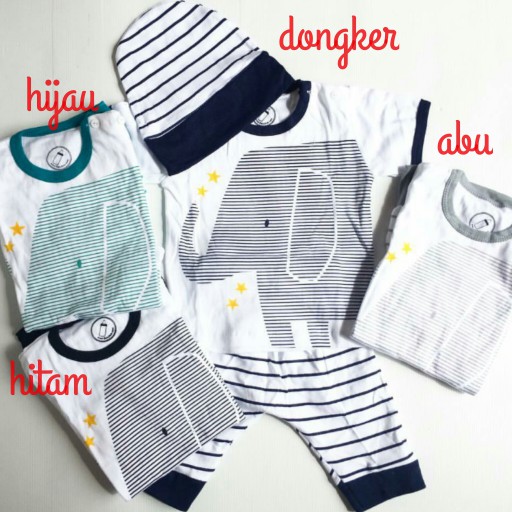 Baju Setelan Anak Bayi Laki-Laki Set Topi Gajah Garis