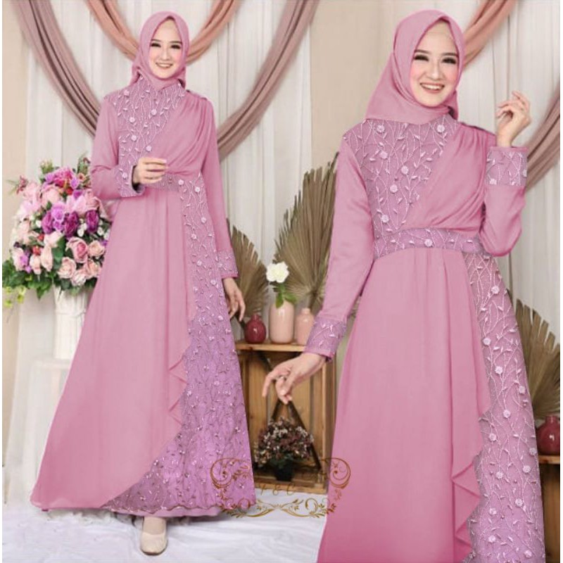 MAXY ZELINE MUTIARA, WOLLPEACH MOSCREPE TILE, GAMIS HIJAB MUSLIM, MAXY DRESS