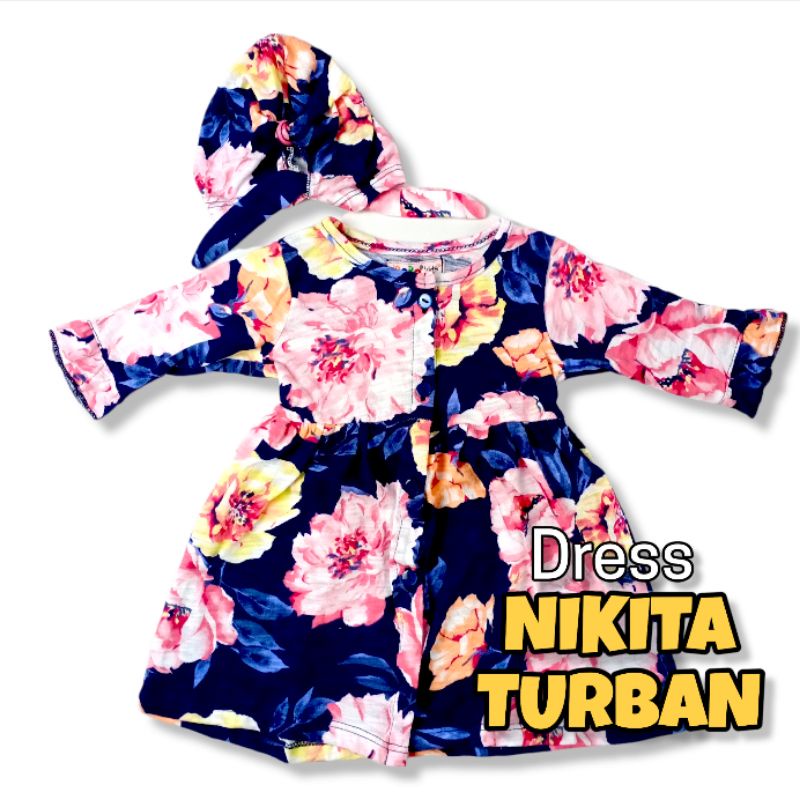 NIKITA 0 - 2 THN DRESS ANAK BAYI PEREMPUAN FREE TURBAN Baju Anak Bayi Perempuan Cewek Dres Baby Girl Nicta Bobo Kids-O NavyFloWhitePink