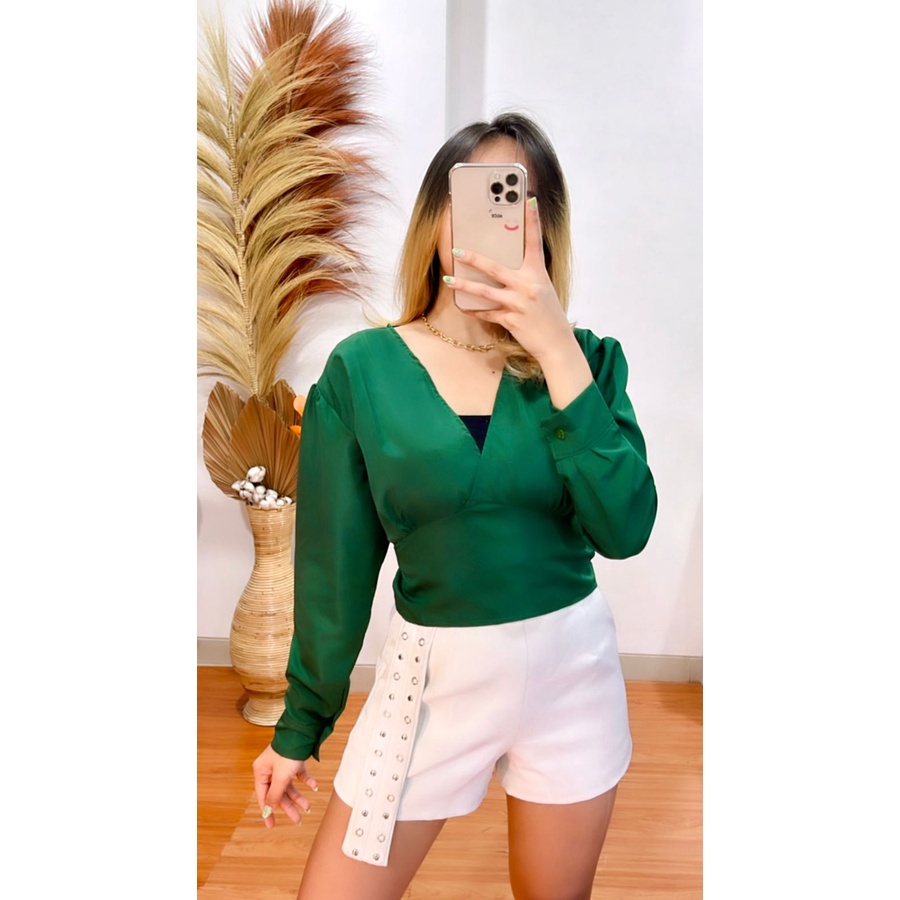 BEFAST - ZRX OOTD Wanita Blouse UMJIA / Korean Long Sleeve Crop Top Blouse Atasan Lengan Panjang / Blouse Leher V / VBlouse Kekinian Remaja Wanita / Blouse Polos Casual / Blouse Trendy / Keluaran Terbaru 2022 / Termurah